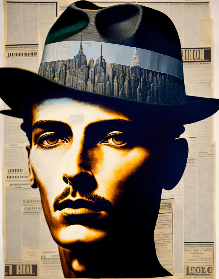 Surreal portrait blending man's face with urban cityscape under hat against newspaper clippings