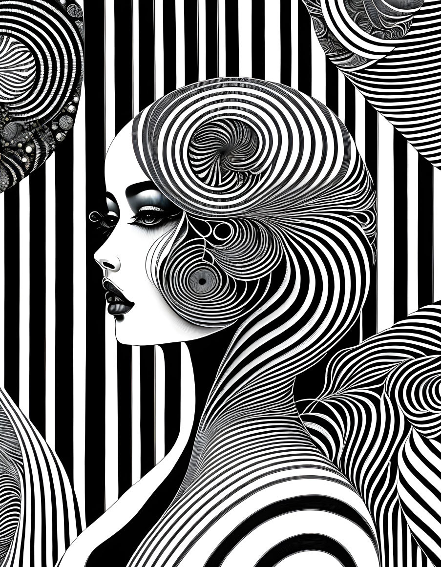 Monochrome illustration of woman with swirling patterns on hair and body