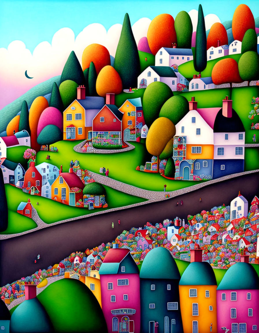 Colorful Stylized Houses in Whimsical Landscape