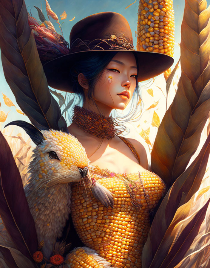 Woman in Hat with Rabbit-Like Creature Surrounded by Cornstalks and Autumnal Tones