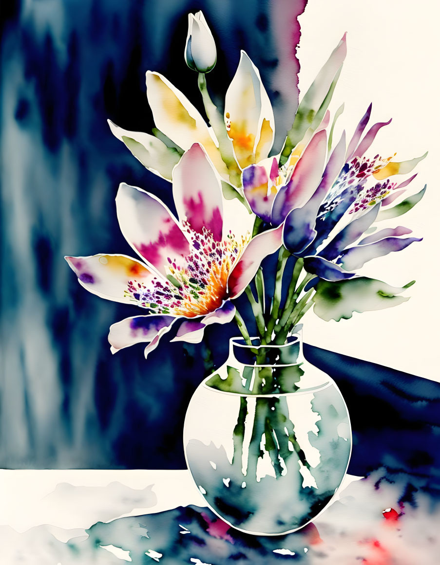 Colorful flowers in clear vase with watercolor effect on abstract background