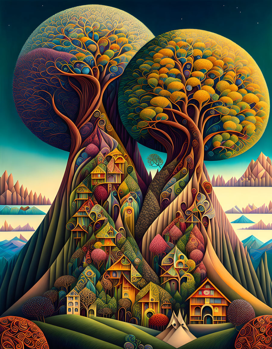 Whimsical illustration of intricate tree houses under starry sky