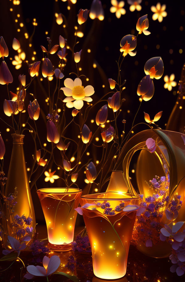 Glowing flowers and beverages in magical still life