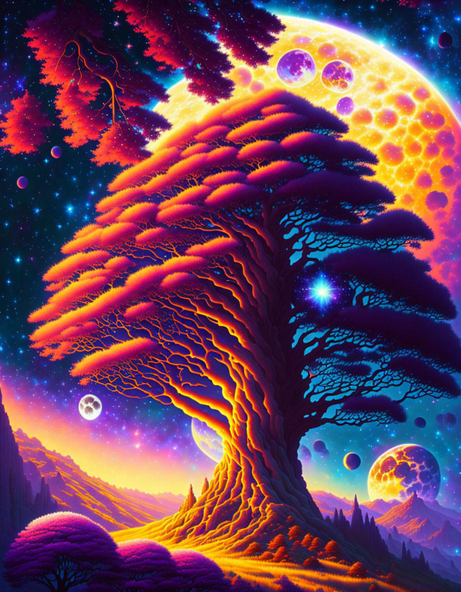 Digital artwork: Massive tree with glowing orange leaves under starry sky