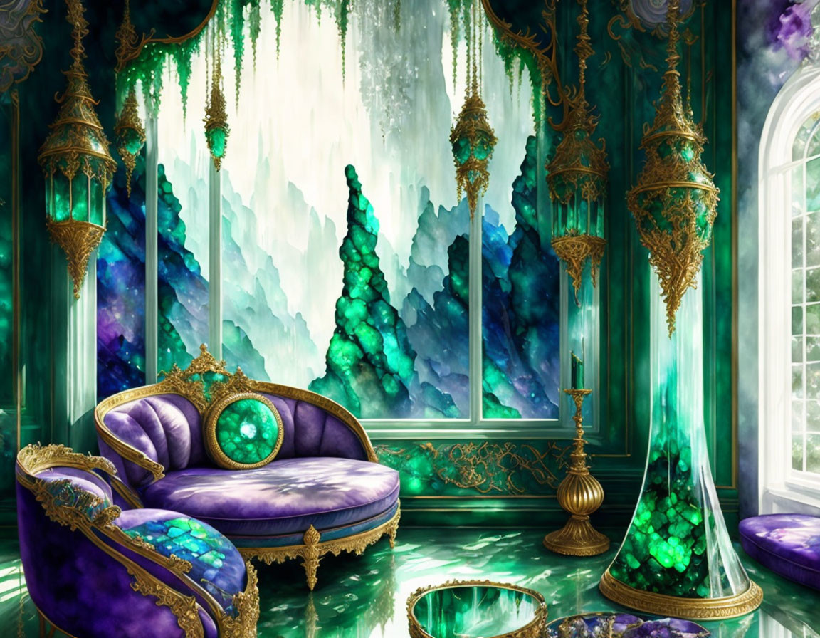 Luxurious Emerald and Gold Decor Room with Purple Chaise Lounge