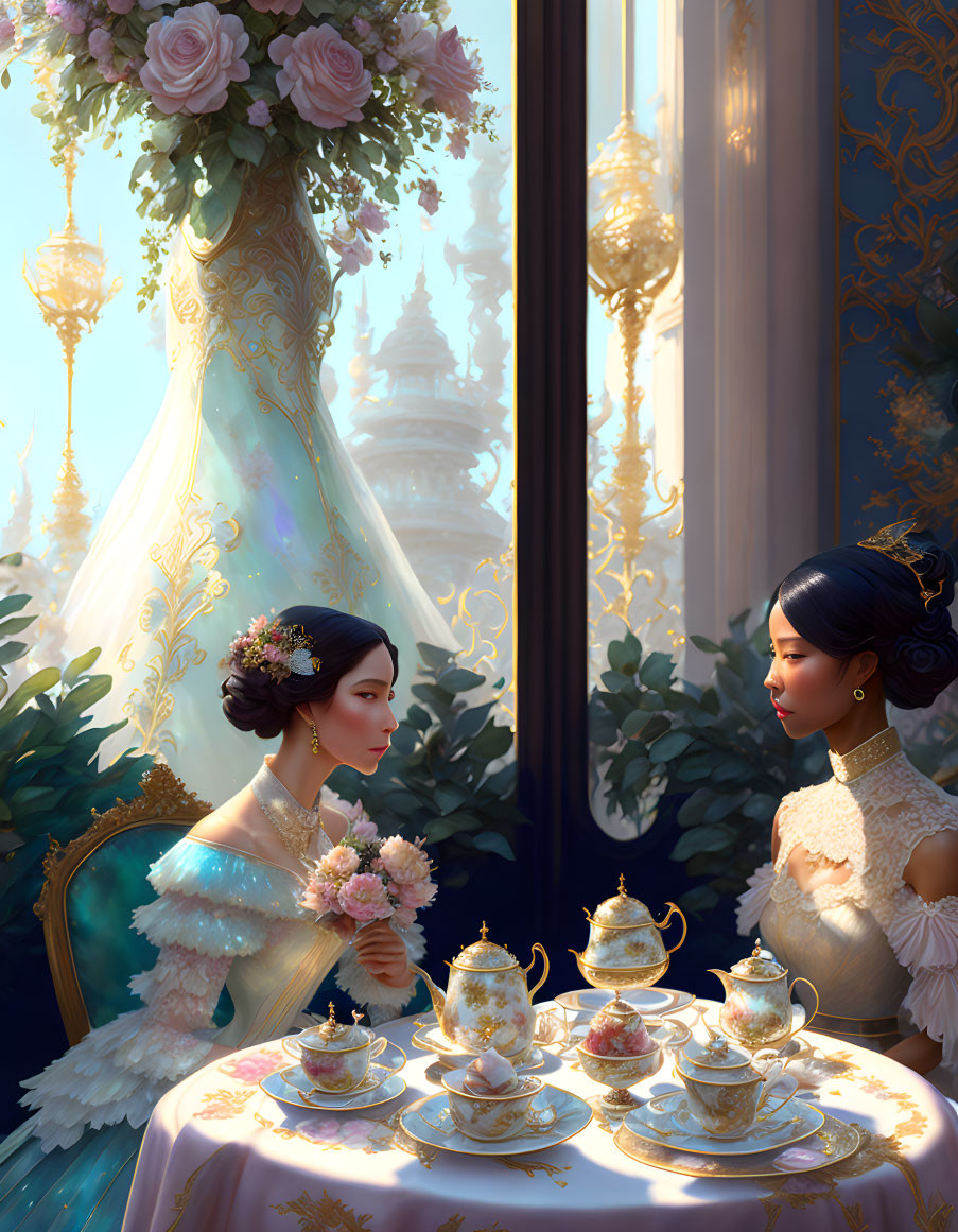 Elegantly dressed women in lavish room with tea set, castle in distance