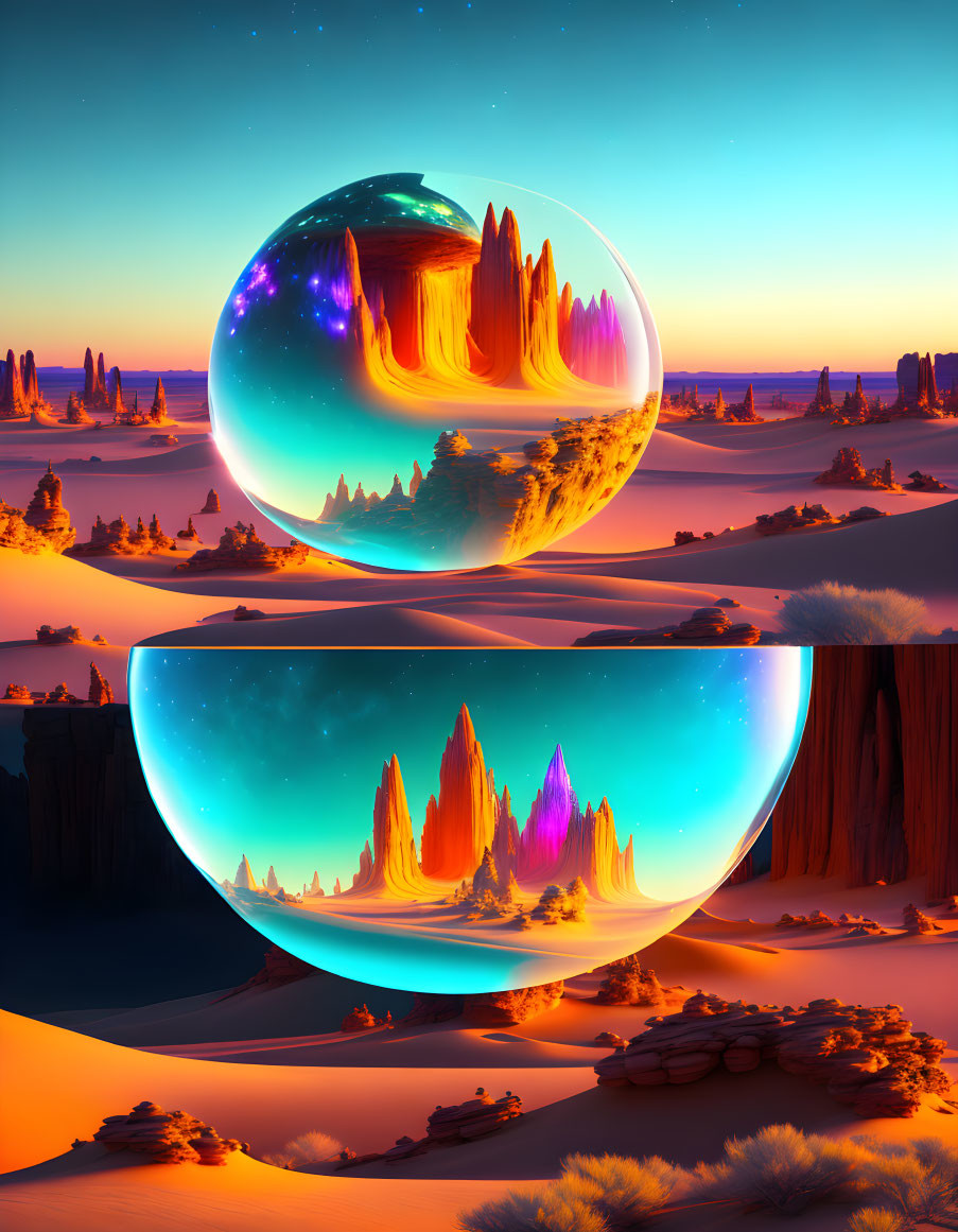 Surreal desert landscape with crimson canyons and reflective orbs