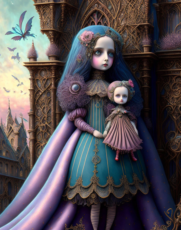 Stylized illustration of girl with large eyes holding doll in elaborate dresses, against gothic background with