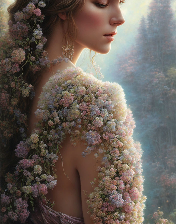 Profile of woman with floral hair and dress, forest background