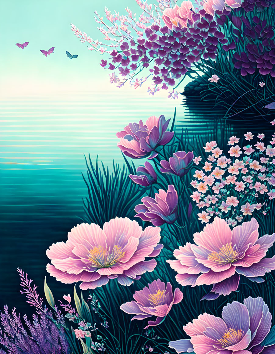 Serene seascape with pink and purple flowers and butterflies