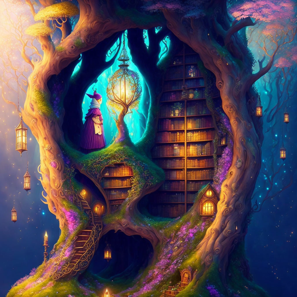 Whimsical treehouse with lantern, staircases, books, and cloaked figure under starry