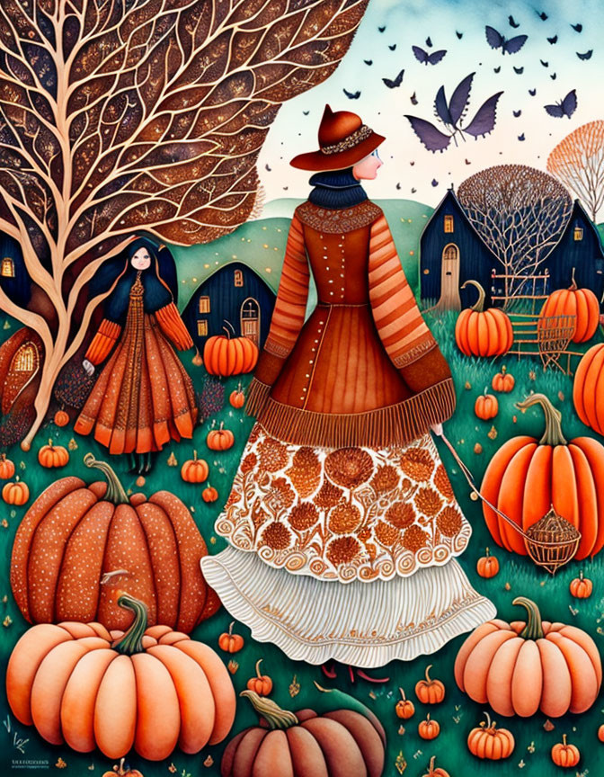 Vintage Dresses and Pumpkins: Autumnal Illustration with Women, Tree, Butterflies, and Houses