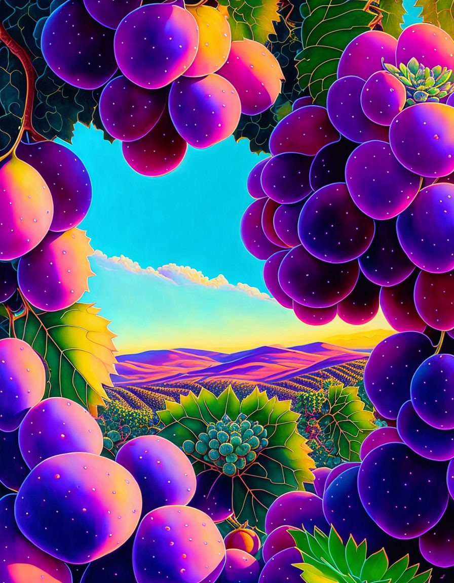 Stylized image of purple grapes in vineyard landscape