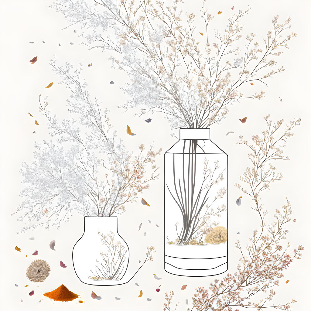 Delicate branches in transparent vases with fallen leaves and seed pods on light background