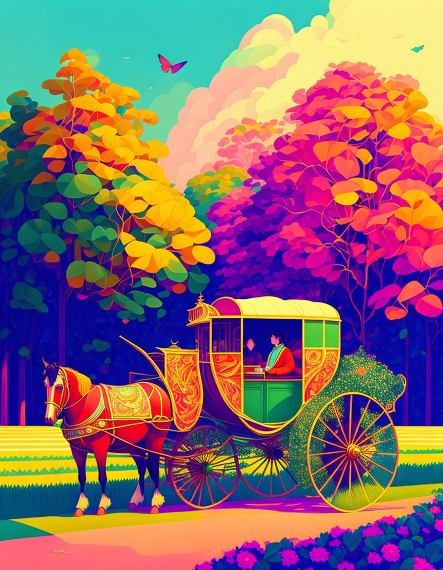 Colorful Horse-Drawn Carriage in Fantasy Autumn Landscape