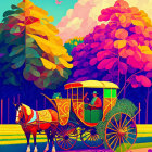 Colorful Horse-Drawn Carriage in Fantasy Autumn Landscape