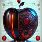 Mechanical apple concept art with cybernetic elements and blueprints