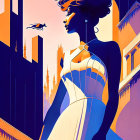 Stylized illustration of woman in white dress with cityscape background