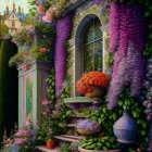 Vibrant garden scene with lush flowers and plants against ornate wall