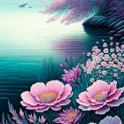 Serene seascape with pink and purple flowers and butterflies