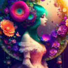 Vibrant floral hair and dresses on two women in colorful nature scene