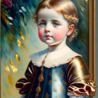 Young Child in Blue and Gold Outfit Against Abstract Background