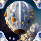 Detailed White and Gold Hot Air Balloon Art with Fantasy Elements