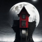 Spooky red Victorian house under two moons in misty night sky