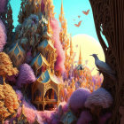 Vibrant ornate spires in fantastical landscape with birds and sun