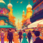 Victorian-themed illustration of people in exotic marketplace