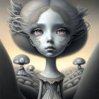 Surrealist portrait of girl with enlarged head in monochromatic landscape