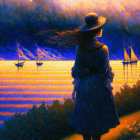 Woman in hat and fur coat admires golden sea with boats under vibrant sunset sky