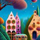 Surreal painting of colorful houses, tree, planet, and bus in alien landscape