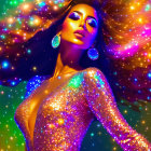 Sparkling woman with sequined skin and vibrant hair against starry backdrop