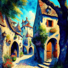 Colorful fairytale village with cobblestone paths and medieval houses surrounded by lush flora and towering