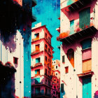 Vibrant surreal urban apartment buildings in red, blue, and white tones.