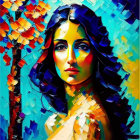 Vibrant mosaic-style painting of a woman with expressive eyes