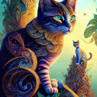 Colorful illustration of two patterned cats on ornamental backdrop.