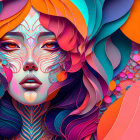 Vibrant digital artwork: stylized face with floral patterns in orange, blue, and pink