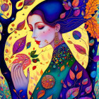 Colorful autumnal foliage woman illustration with intricate patterns.