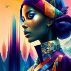 Colorful futuristic portrait of a woman with cosmic cityscape theme.