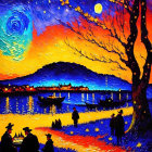 Colorful Starry Night Sky Painting with Crescent Moon and River Scene