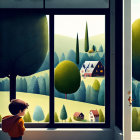 Child observing stylized landscape through large window with rolling hills, trees, houses, and flying birds.