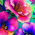 Colorful hibiscus flower painting with pink, purple petals, yellow stamens, green