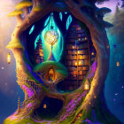 Whimsical treehouse with lantern, staircases, books, and cloaked figure under starry