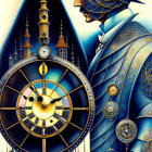 Steampunk-inspired illustration with clockwork figure and gothic details