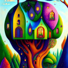 Colorful whimsical tree painting with house-like compartments and stylized landscape.