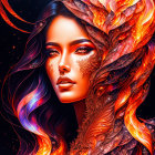 Digital artwork: Woman with fiery wings and hair in phoenix motif on dark background