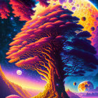 Digital artwork: Massive tree with glowing orange leaves under starry sky