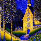 Golden church under luminous night sky with glowing flora and dark trees